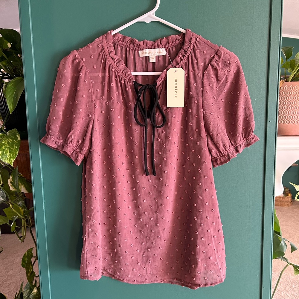 Women's Mauve Textured Top Puff Sleeve Bow